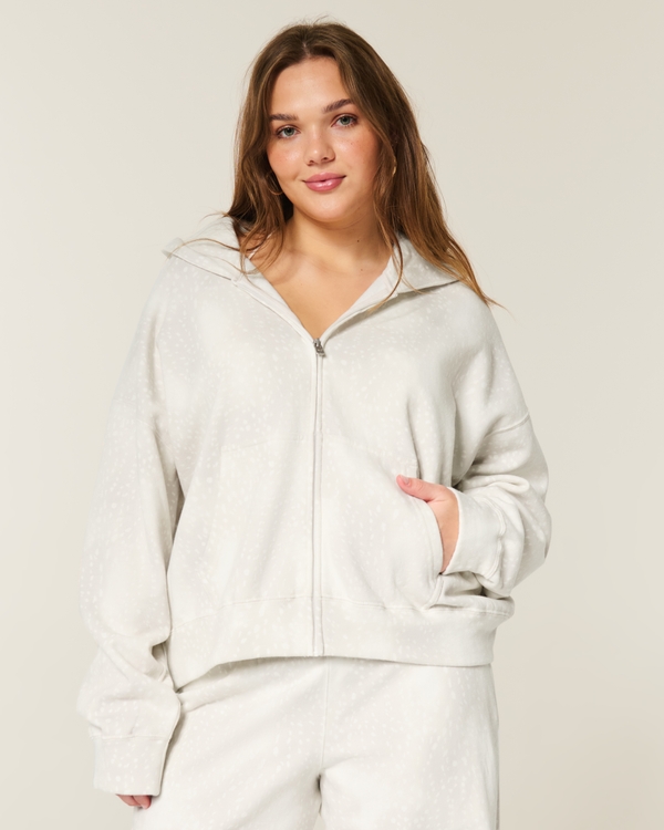 Oversized Doe Print Zip-Up Hoodie, Cream Dot view 1