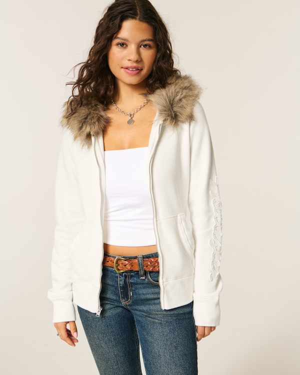 Faux Fur Trim Logo Graphic Zip-Up Hoodie, Cloud White view 1
