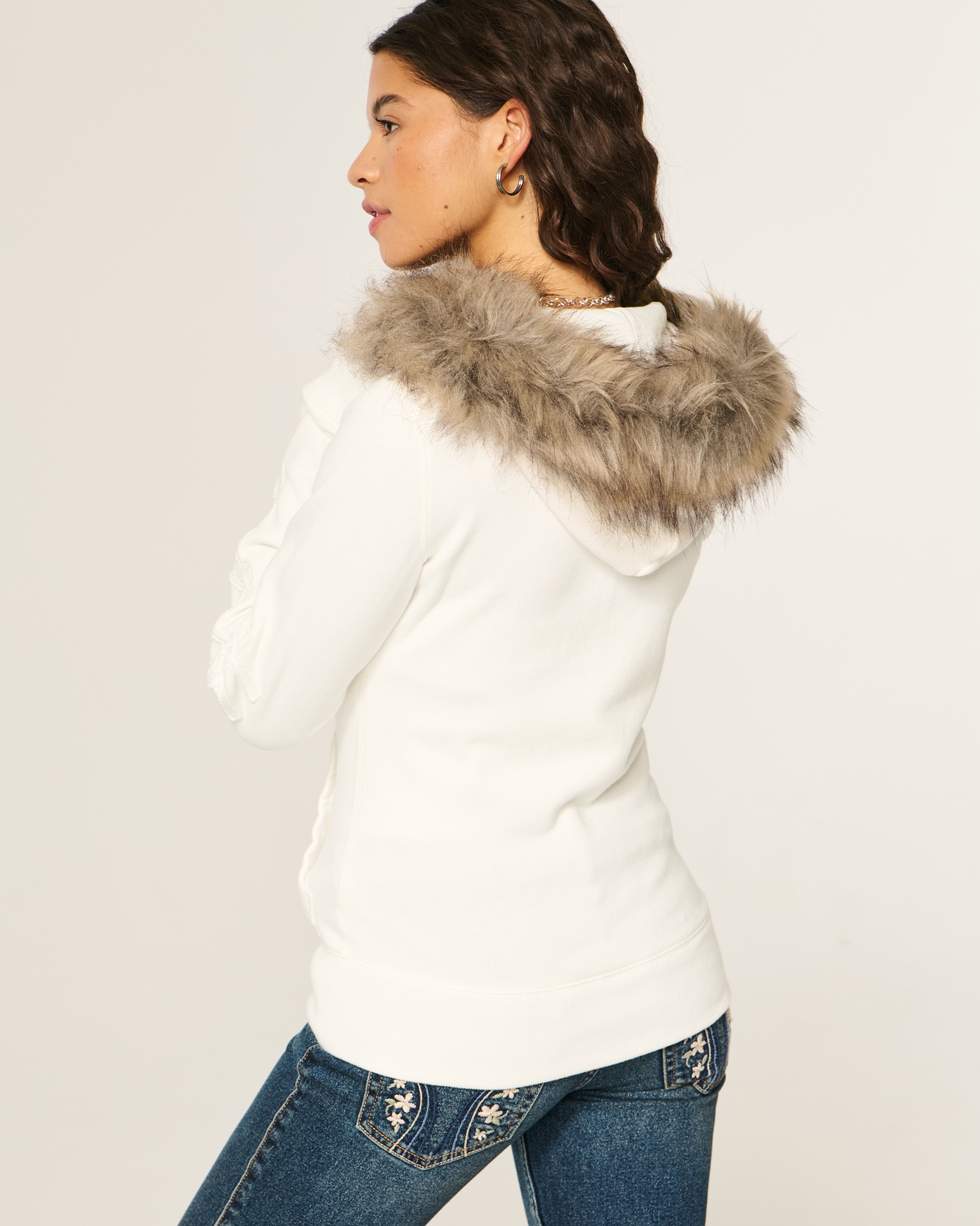 Faux Fur Trim Logo Graphic Zip-Up Hoodie