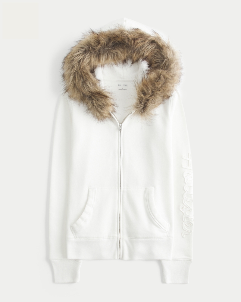 Faux Fur Trim Logo Graphic Zip-Up Hoodie