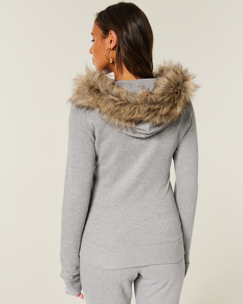 Faux Fur Trim Logo Graphic Zip-Up Hoodie