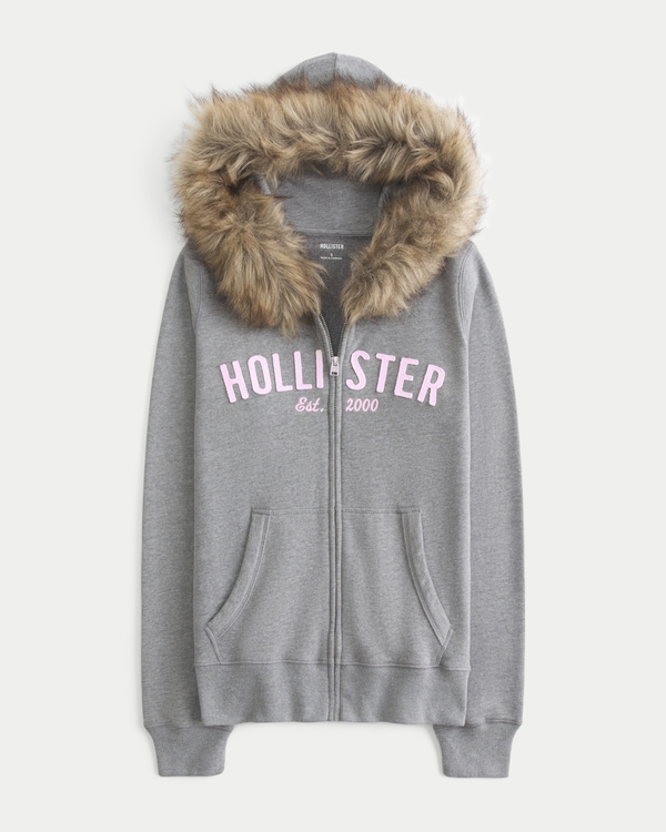 Women's Faux Fur Trim Logo Graphic Zip-Up Hoodie | Women's