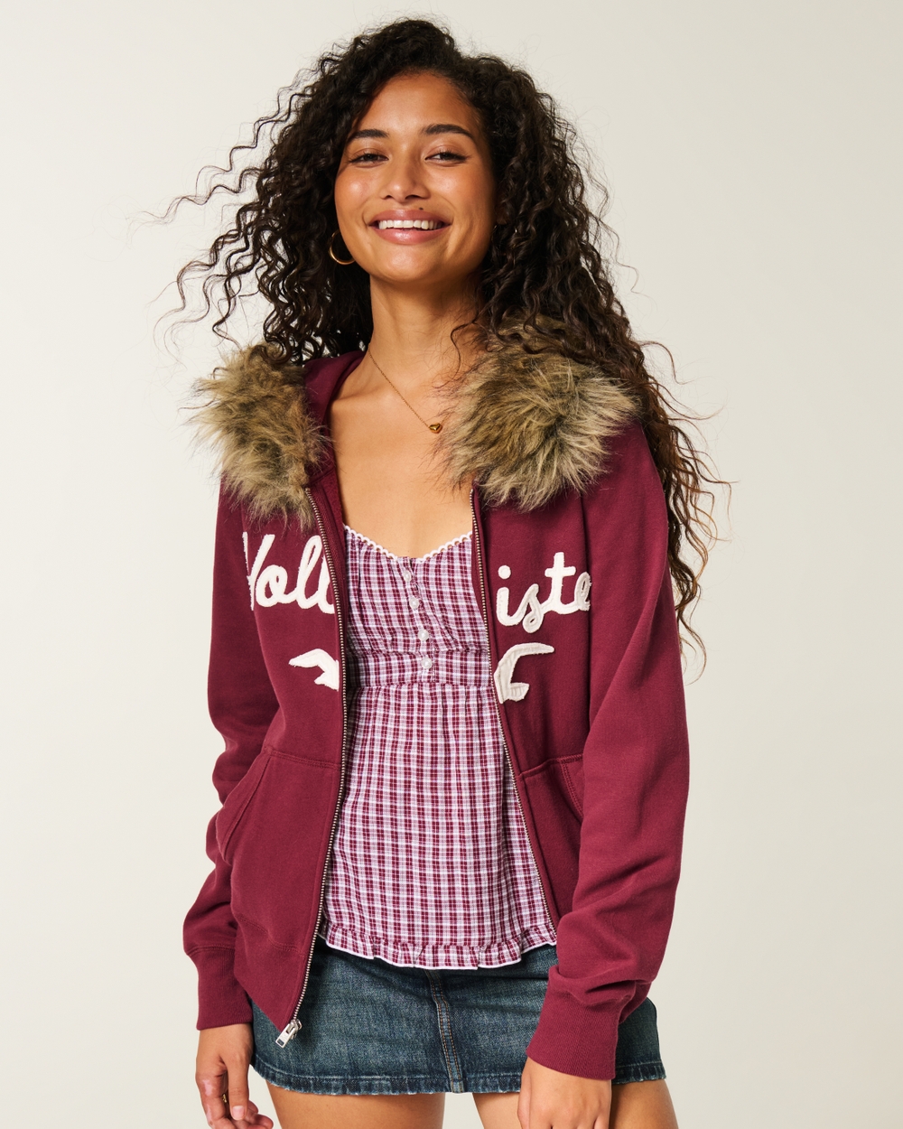 Faux Fur Trim Logo Graphic Zip-Up Hoodie