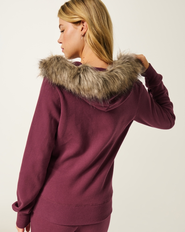 Faux Fur Trim Logo Graphic Zip-Up Hoodie, Mulberry view 2