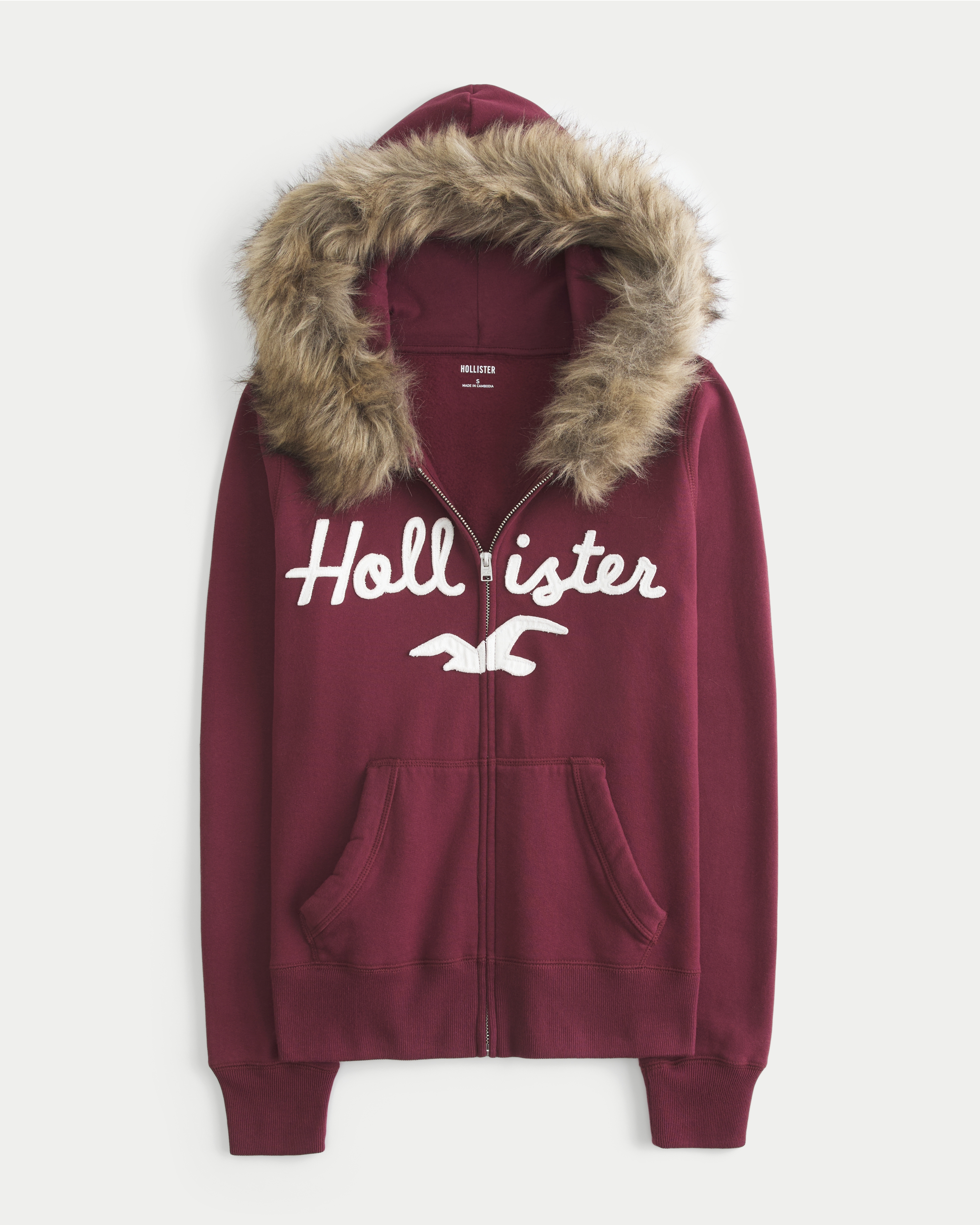 Faux Fur Trim Logo Graphic Zip-Up Hoodie