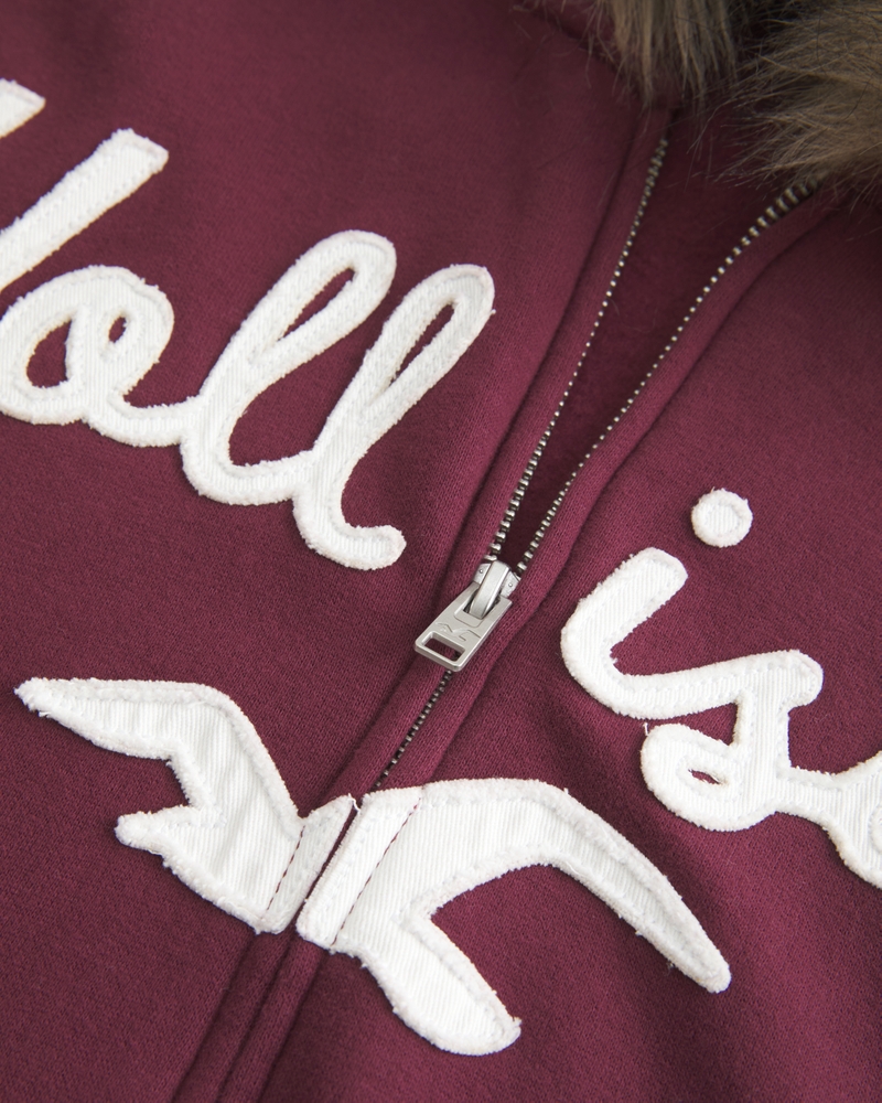 Faux Fur Trim Logo Graphic Zip-Up Hoodie