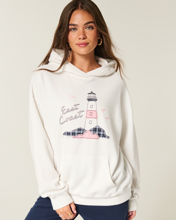 Oversized East Coast Graphic Hoodie, Cloud White view 1