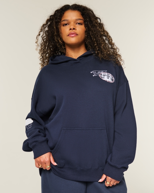Oversized Bear Lake Graphic Hoodie, Navy Blue view 1