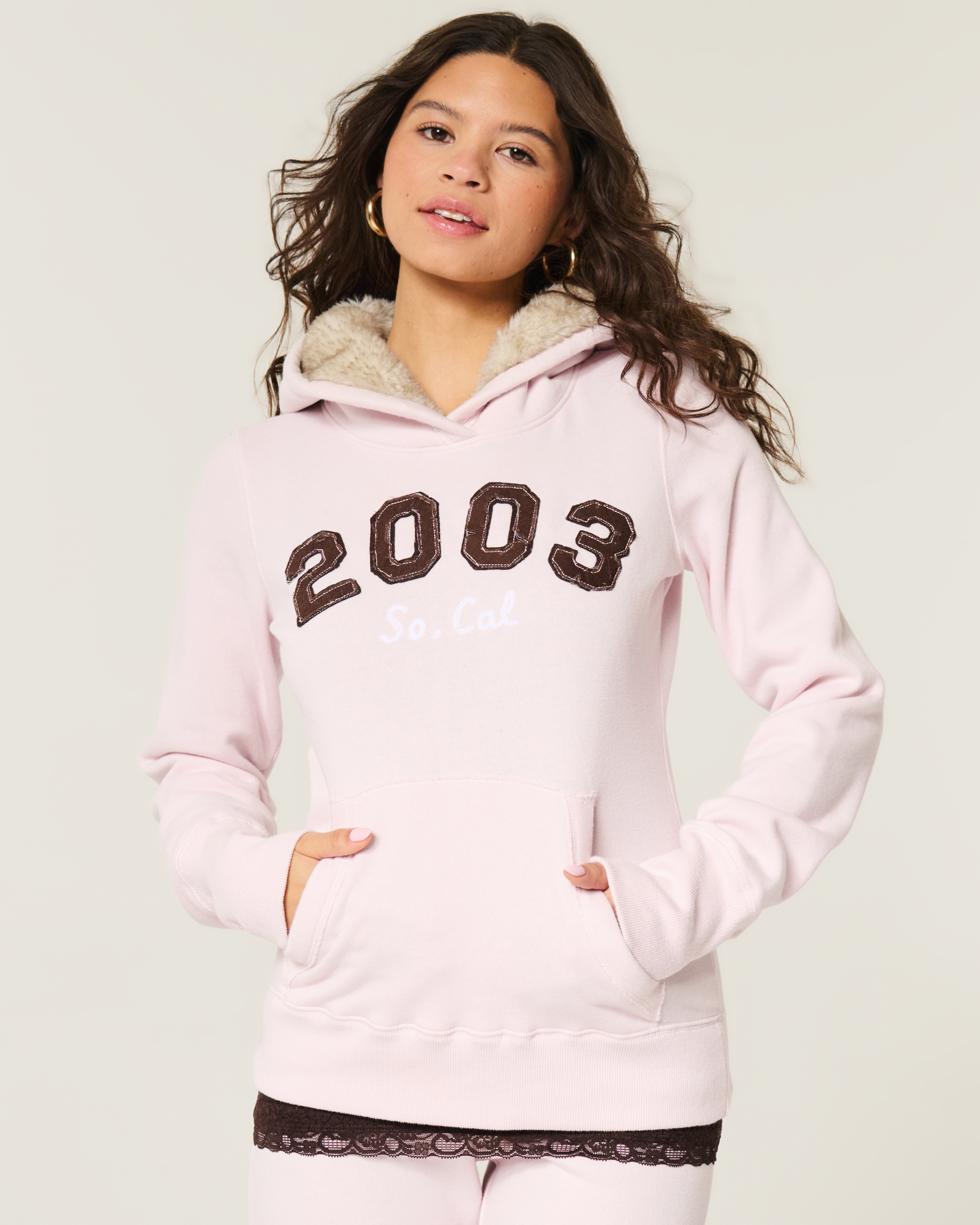 Hollister Faux Fur-lined Hood 2003 Graphic Hoodie In Pink