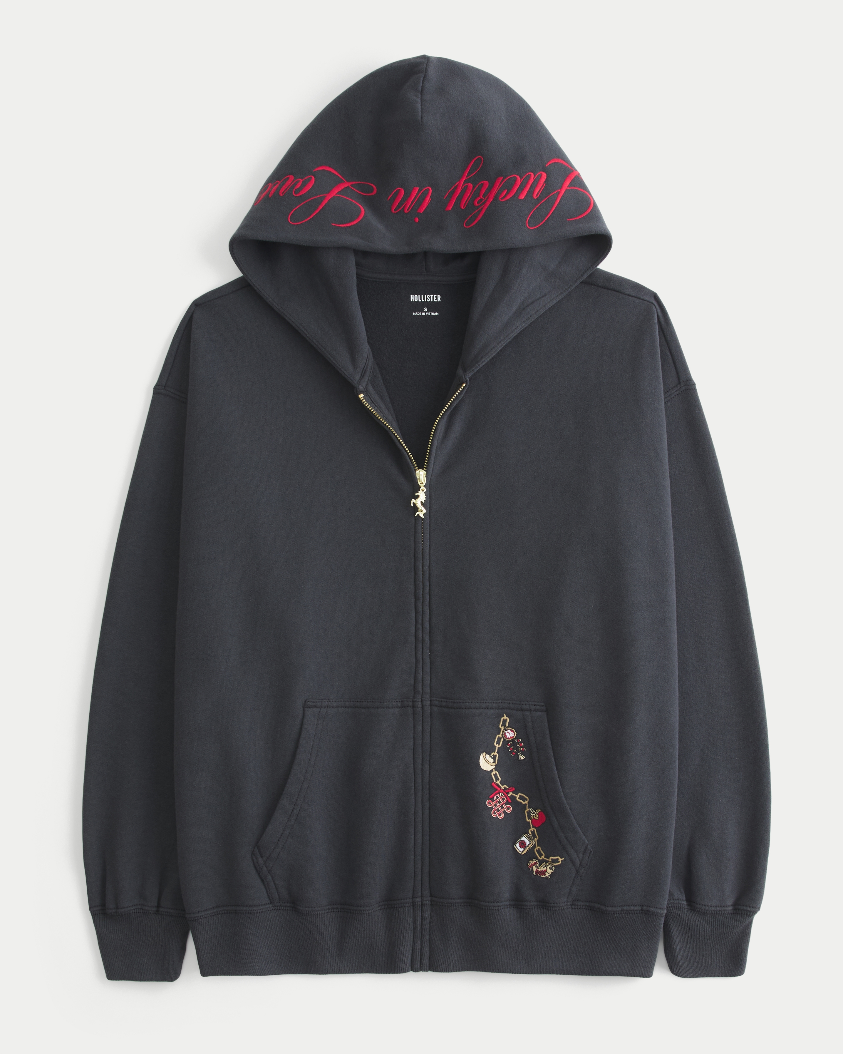 Hollister Oversized Zip-up Lucky In Love Graphic Hoodie In Black