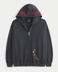 Oversized Zip-Up Lucky in Love Graphic Hoodie