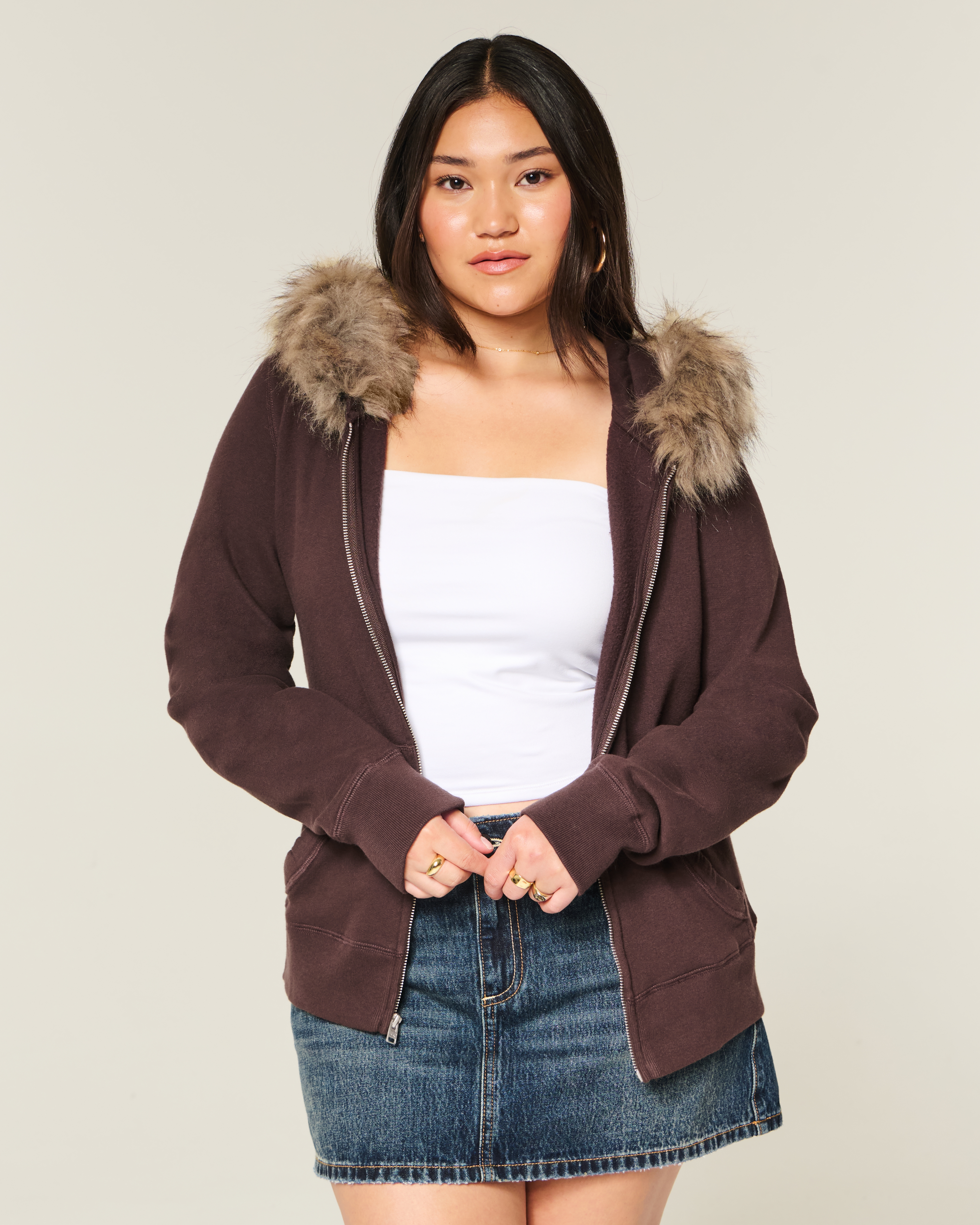 Faux Fur Trim Zip-Up Hoodie