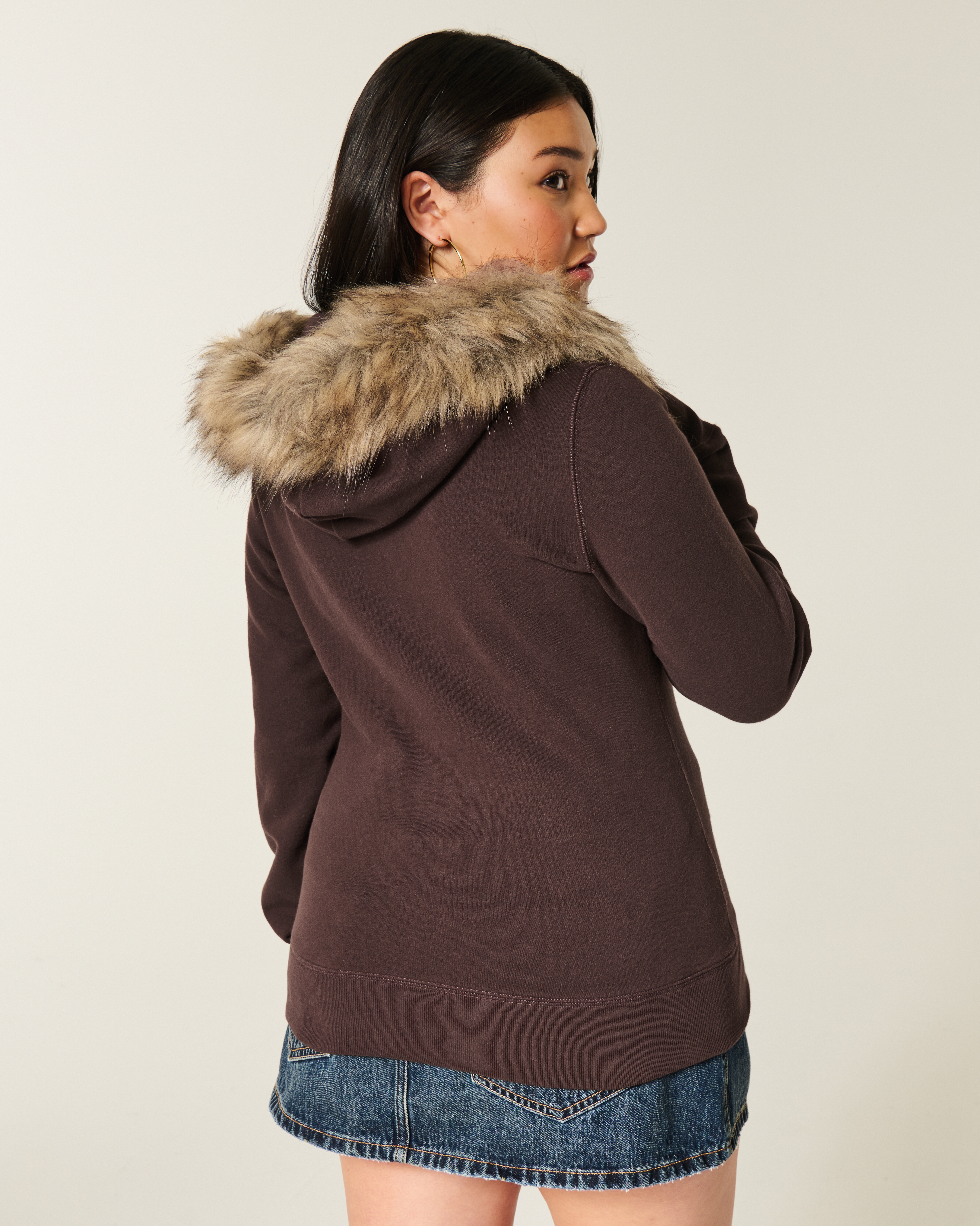 Faux Fur Trim Zip-Up Hoodie