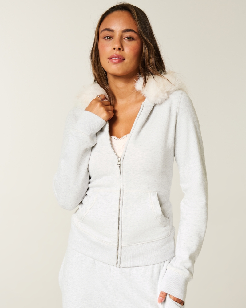 Faux Fur Trim Zip-Up Hoodie