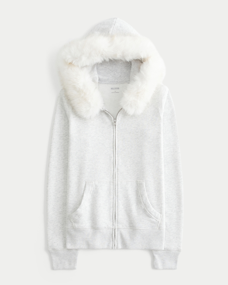 Faux Fur Trim Zip-Up Hoodie