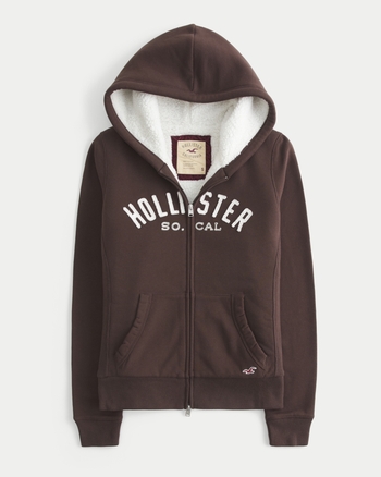 Women's Holiday Vault Release Sherpa-Lined Zip-Up Logo Graphic Hoodie | Women's New Arrivals | HollisterCo.com