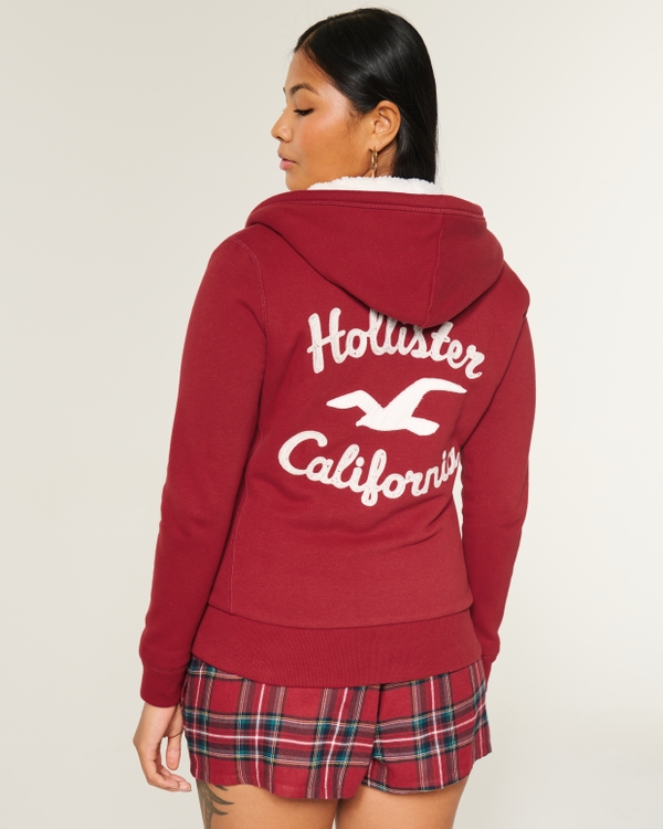 Holiday Vault Release Sherpa-Lined Zip-Up Logo Graphic Hoodie, Dark Red view 2