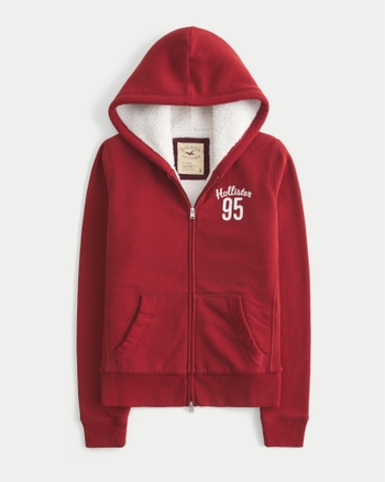 Hollister Hollister Feel Good Sherpa-Lined Zip-Up Logo Graphic Hoodie