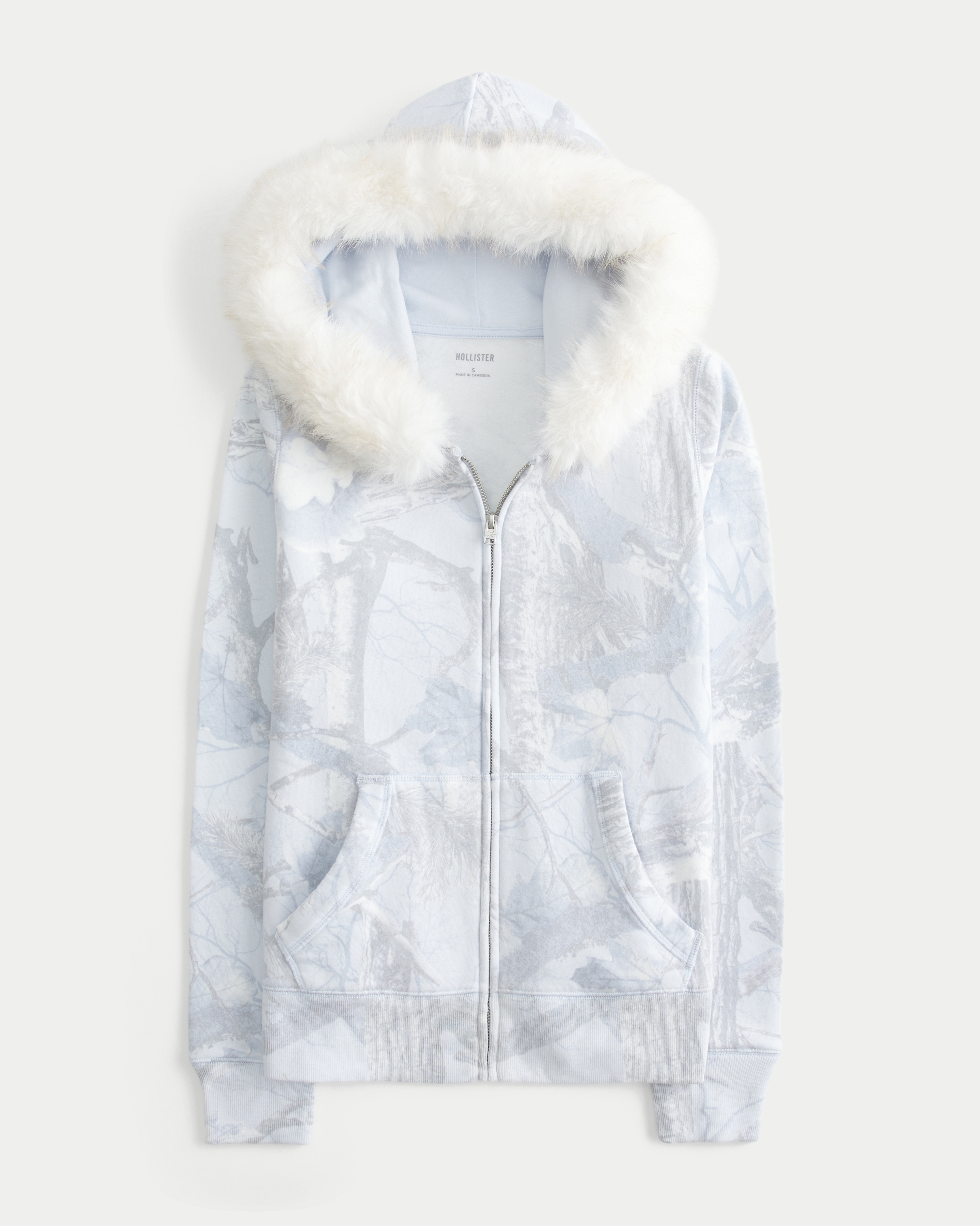 Faux Fur Trim Zip-Up Camo Hoodie