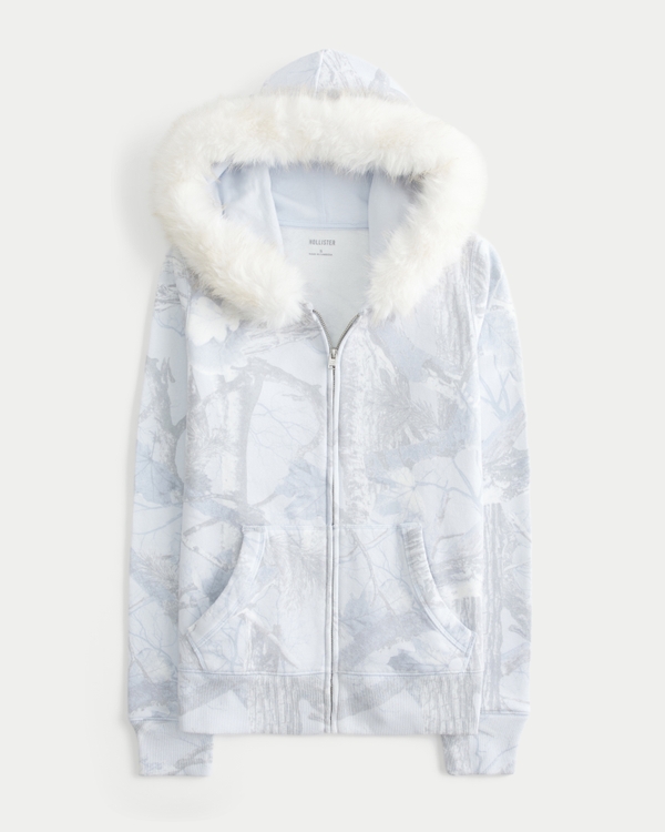 Faux Fur Trim Zip-Up Camo Hoodie, Light Blue Camo view 1