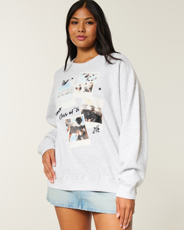 Hollister Feel Good Oversized Senior Graphic Crew Sweatshirt, Light Heather Grey view 1