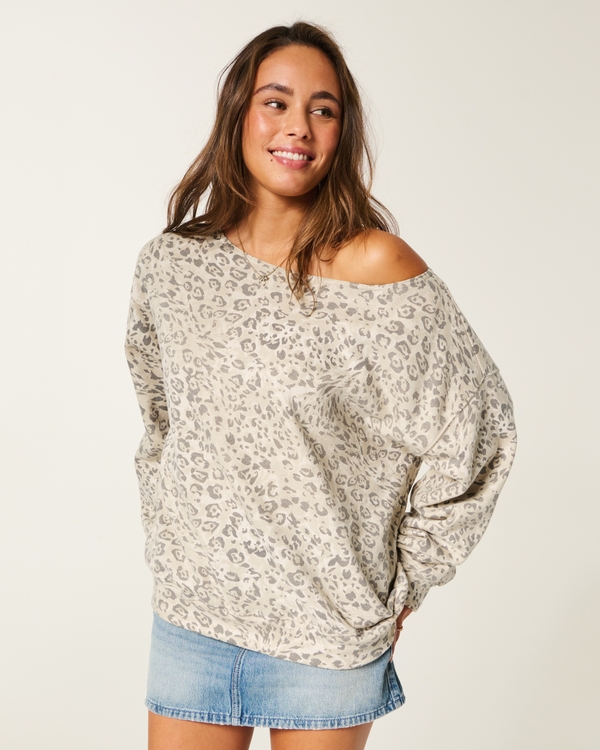 Oversized Off-the-Shoulder Leopard Print Sweatshirt, Light Brown Leopard Print view 1