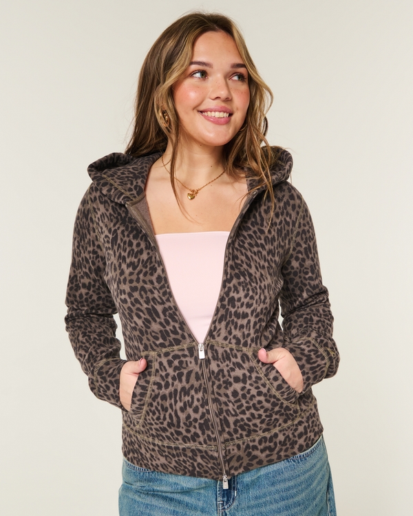 Leopard Print Zip-Up Hoodie, Black Leopard Print view 1