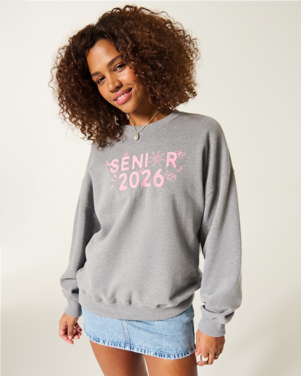 Hollister Feel Good Oversized Senior Graphic Crew Sweatshirt, Heather Grey view 1