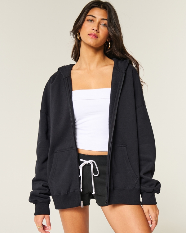 Oversized Zip-Up Hoodie, Black view 1