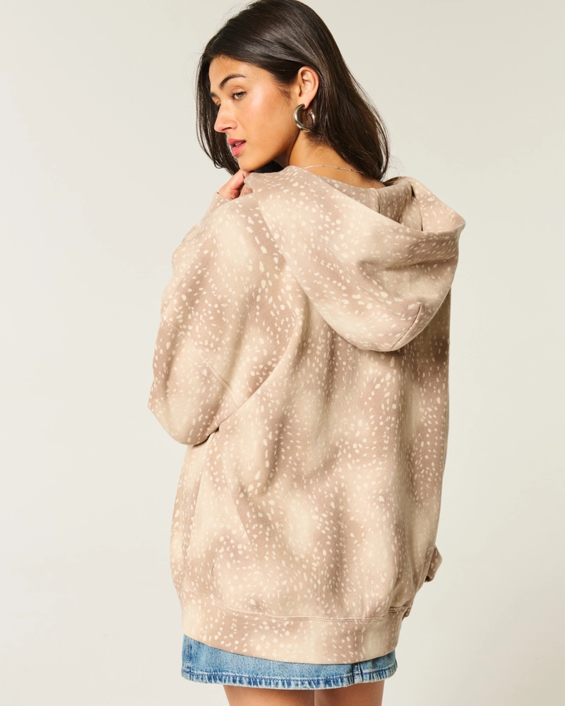 Oversized Doe Print Zip-Up Hoodie