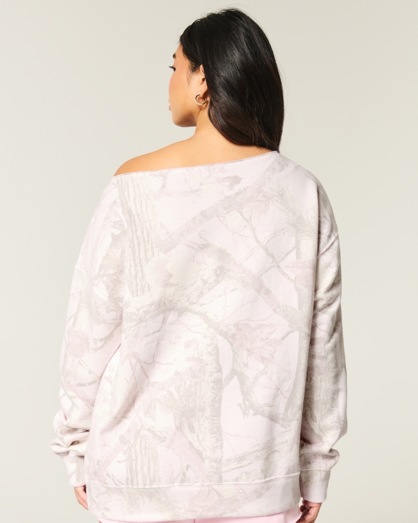 Oversized Off-the-Shoulder Camo Pattern Sweatshirt, Light Pink Camo view 2