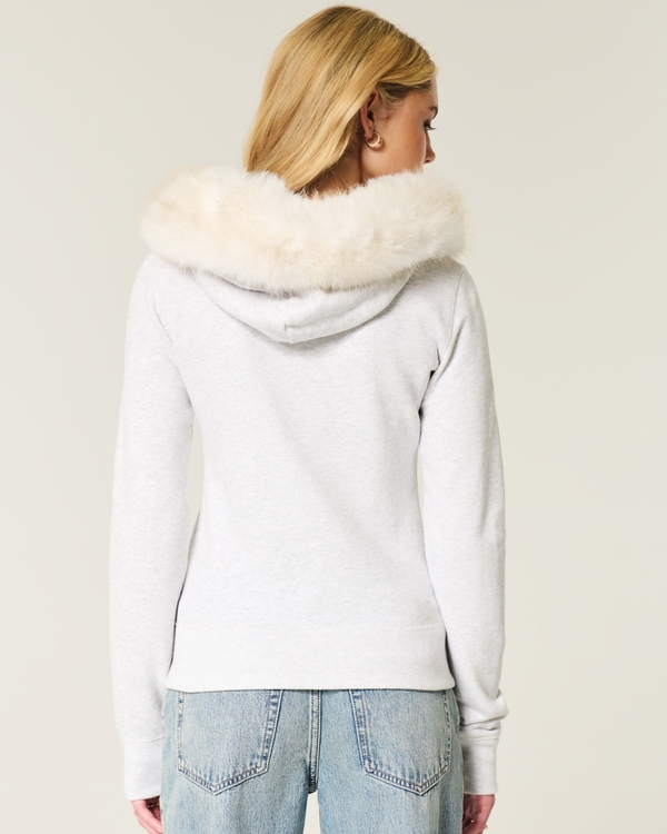 Faux Fur Trim Zip-Up Hoodie, Light Heather Grey view 2
