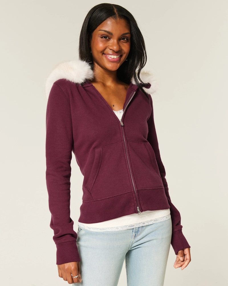 Faux Fur Trim Zip-Up Hoodie