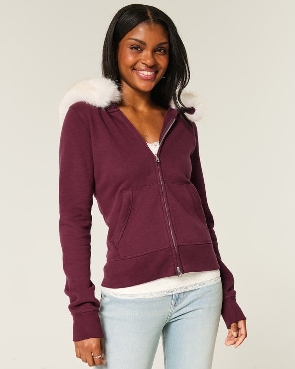 Faux Fur Trim Zip-Up Hoodie, Mulberry view 1