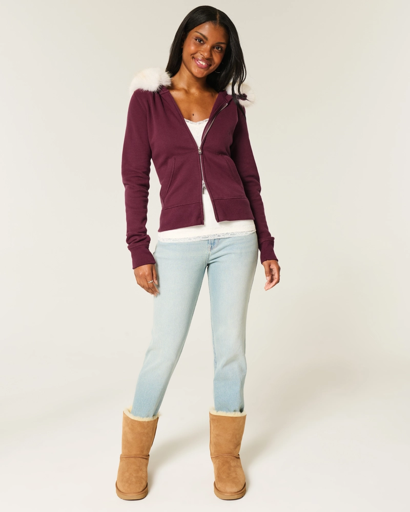 Faux Fur Trim Zip-Up Hoodie