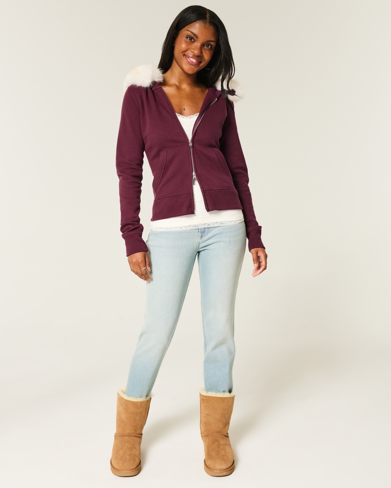 Faux Fur Trim Zip-Up Hoodie