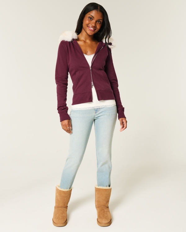 Faux Fur Trim Zip-Up Hoodie, Mulberry view 2