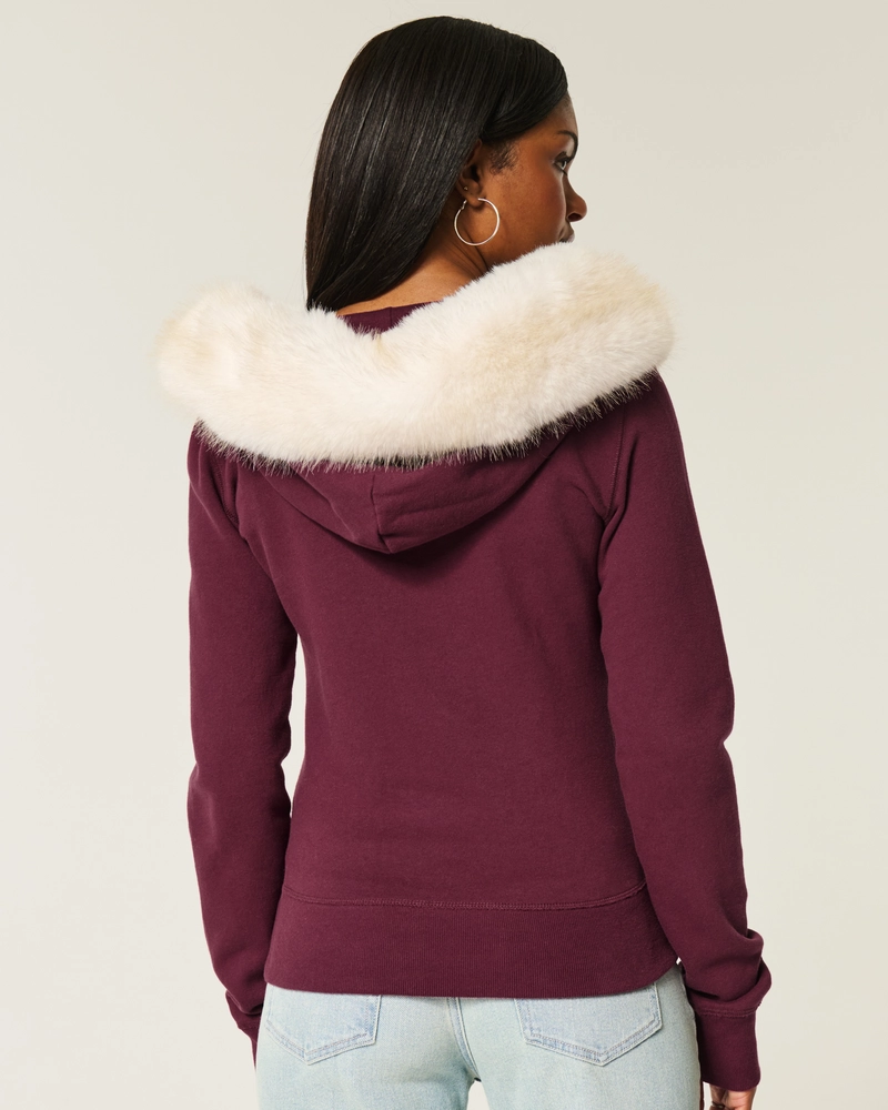 Faux Fur Trim Zip-Up Hoodie
