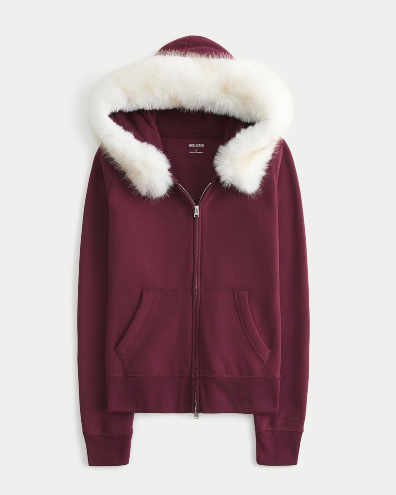 Faux Fur Trim Zip-Up Hoodie