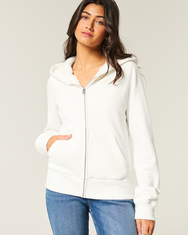 Faux Fur-Lined Zip-Up Hoodie, Cloud White view 1