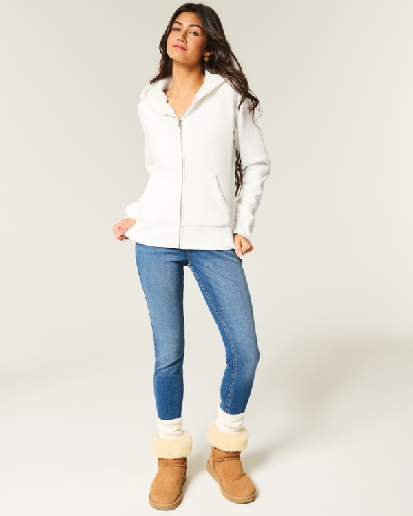 Faux Fur-Lined Zip-Up Hoodie, Cloud White view 2