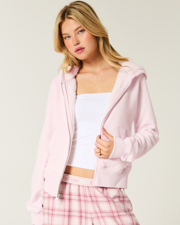 Faux Fur-Lined Zip-Up Hoodie, Pale Pink view 1