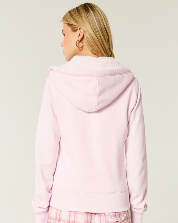 Faux Fur-Lined Zip-Up Hoodie, Pale Pink view 2
