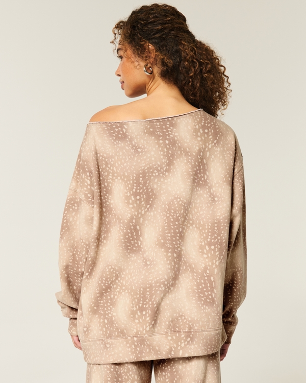 Oversized Off-the-Shoulder Doe Print Sweatshirt, Light Brown Pattern view 2