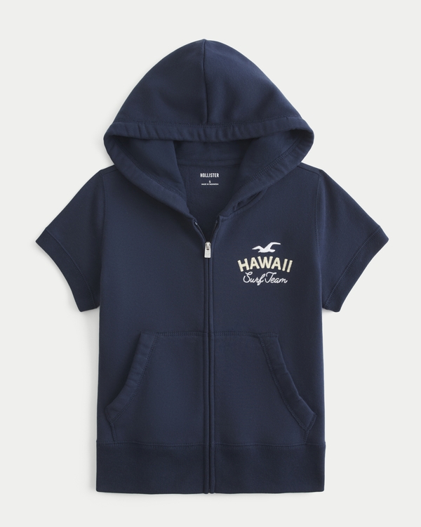 Short-Sleeve Zip-Up Logo Graphic Hoodie, Navy Blue view 1