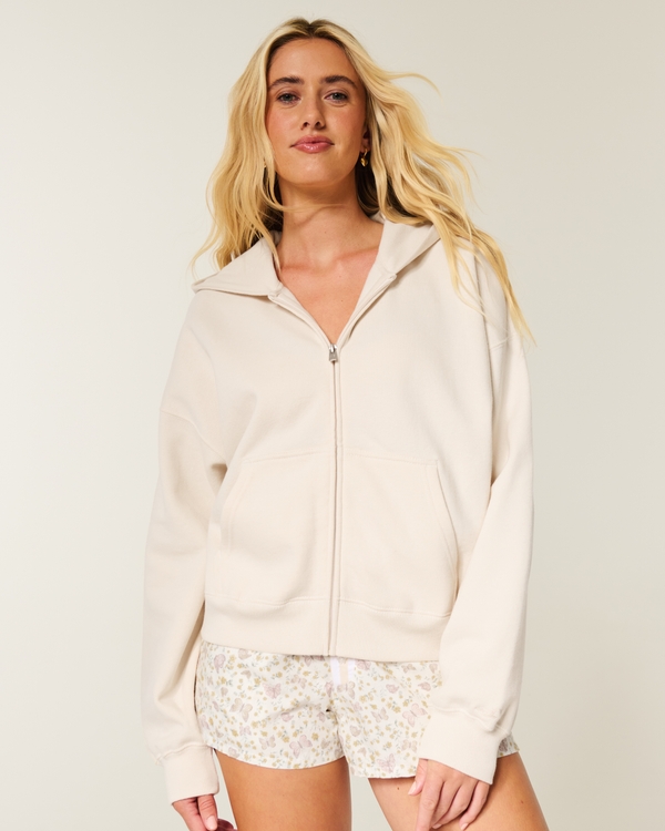 Oversized Zip-Up Hoodie, Beige view 1