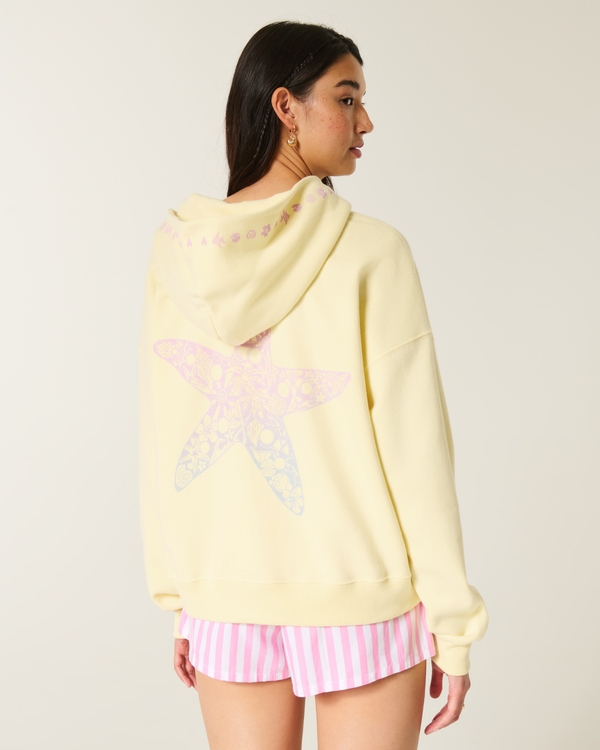 Oversized Starfish Graphic Zip-Up Hoodie, Butter Yellow view 1