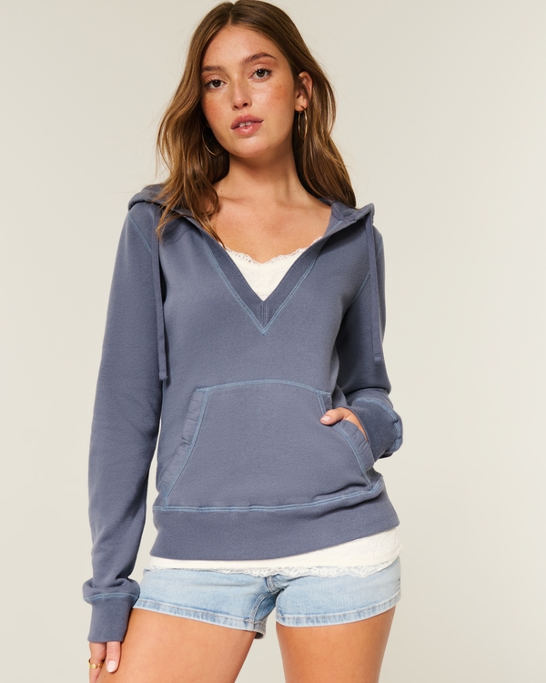 Extra Slim V-Neck Hoodie, Grey Blue view 1
