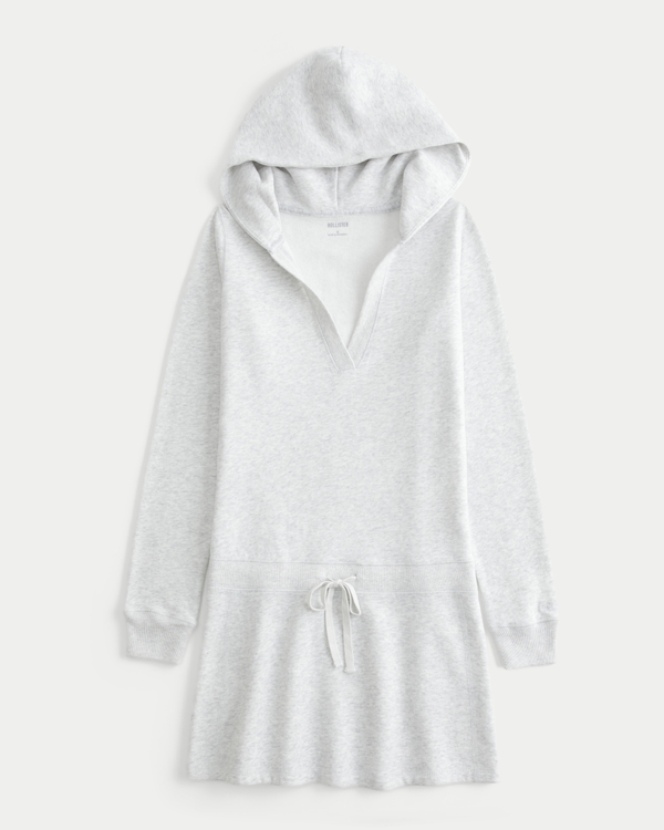 Hooded Long-Sleeve Fleece Dress, Light Heather Grey view 1