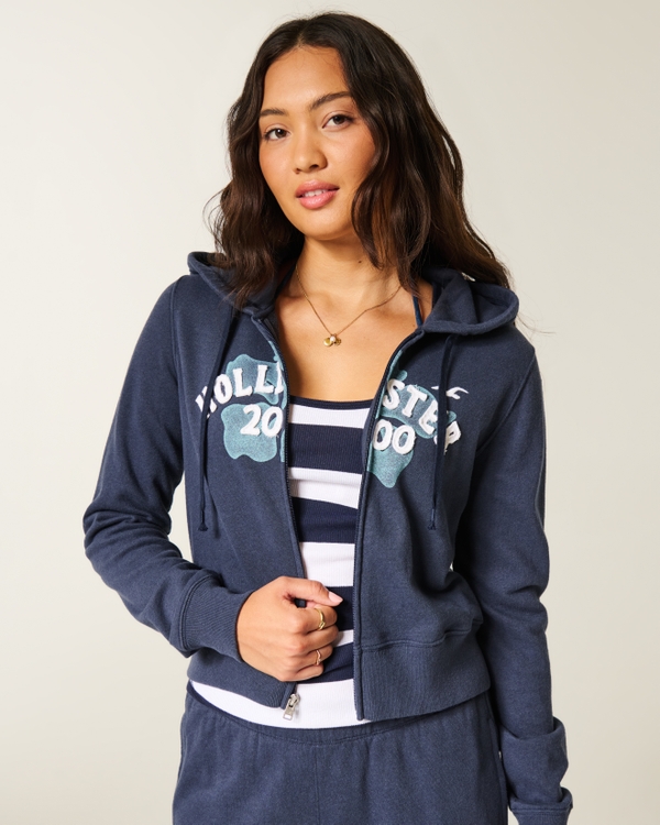 Terry Logo Graphic Zip-Up Hoodie, Dark Blue view 1